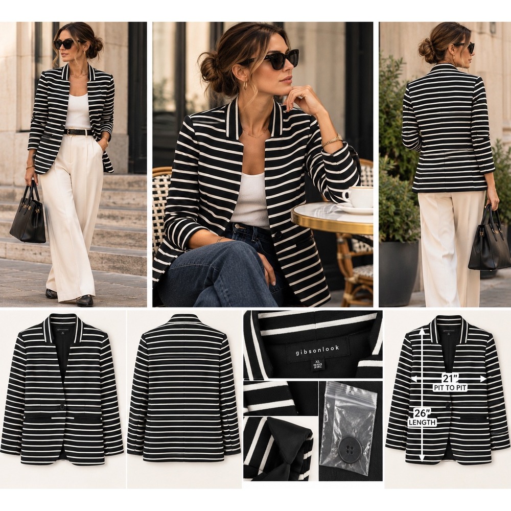 Gibsonlook Women Blazer XL Black White Stripe Parisian Coastal Prep Quiet Luxury